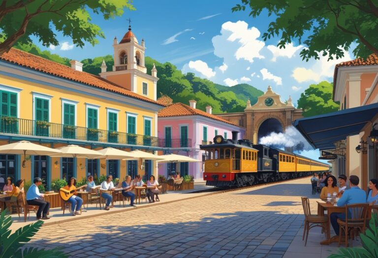 Praça de Conservatória com pessoas aproveitando música ao vivo, prédios coloniais, uma estação de trem antiga e um café ao ar livre em um dia ensolarado.