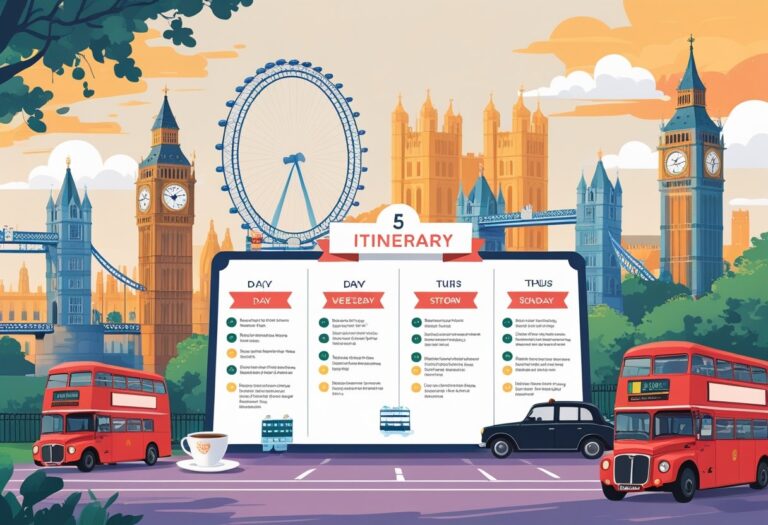 Ilustração mostrando pontos turísticos famosos de Londres, como o Big Ben e a London Eye, com um mapa de viagem e símbolos culturais ao redor.