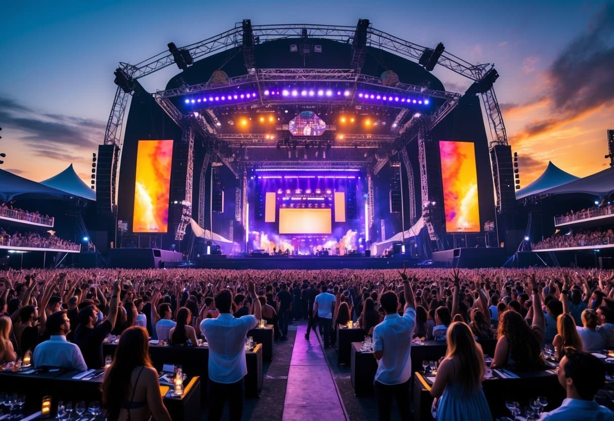 Multidão animada em um grande show ao ar livre no Brasil ao entardecer, com palco iluminado e áreas VIP ao redor.