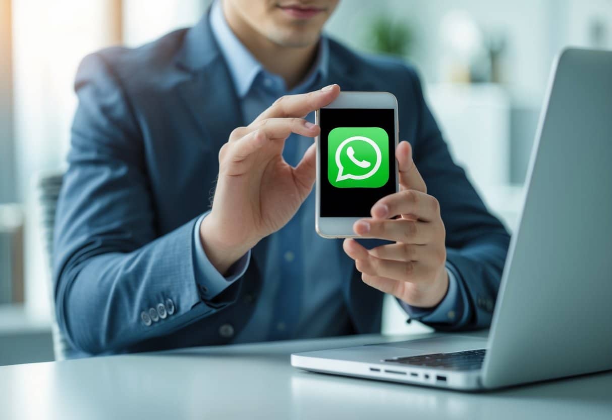 Pessoa sentada à mesa fechando um aplicativo no smartphone em um ambiente de escritório moderno.