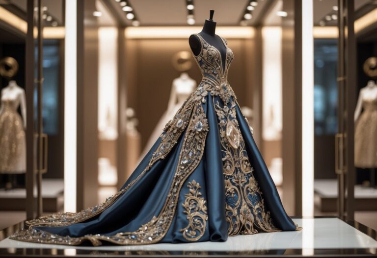 Vitrine de boutique elegante exibindo um vestido luxuoso com detalhes em ouro e pedras preciosas.