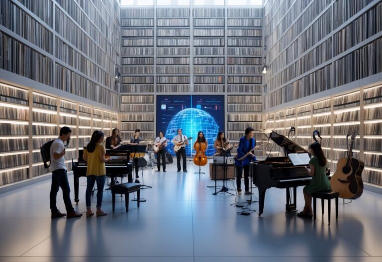 Uma biblioteca moderna com muitas músicas em diferentes formatos e pessoas tocando instrumentos musicais variados.