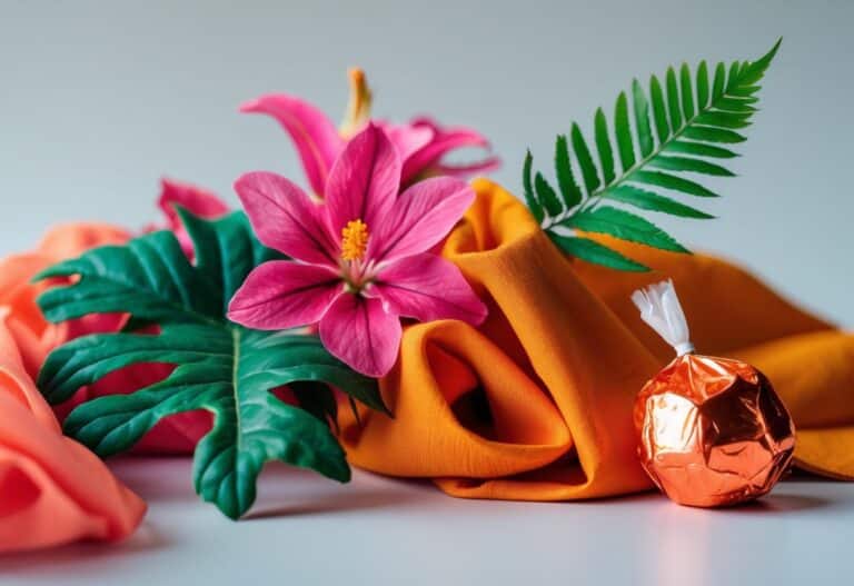 Arranjo de objetos coloridos representando cores que começam com a letra F, incluindo flores fúcsia, tecido laranja chama, folha verde samambaia e doce vermelho brilhante, sobre fundo neutro.