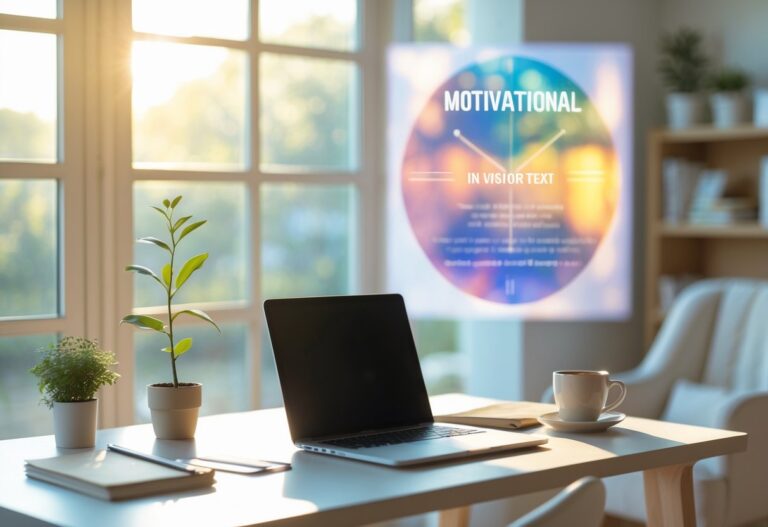 Espaço de trabalho iluminado com mesa organizada, laptop, caderno, xícara de café e planta, transmitindo um ambiente calmo e motivador.