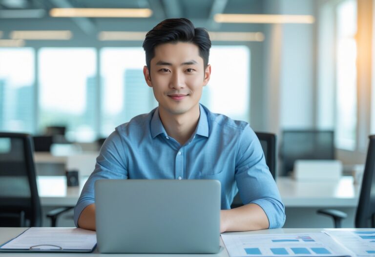 Um homem jovem e confiante sentado em uma mesa de escritório moderna, com laptop e documentos, em um ambiente iluminado e profissional.