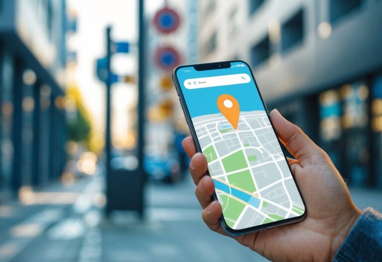Mão segurando um smartphone com mapa digital e um marcador de localização destacado, com prédios desfocados ao fundo.