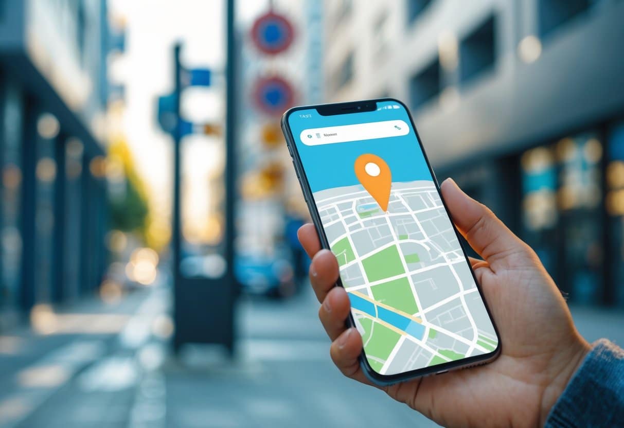Mão segurando um smartphone com mapa digital e um marcador de localização destacado, com prédios desfocados ao fundo.