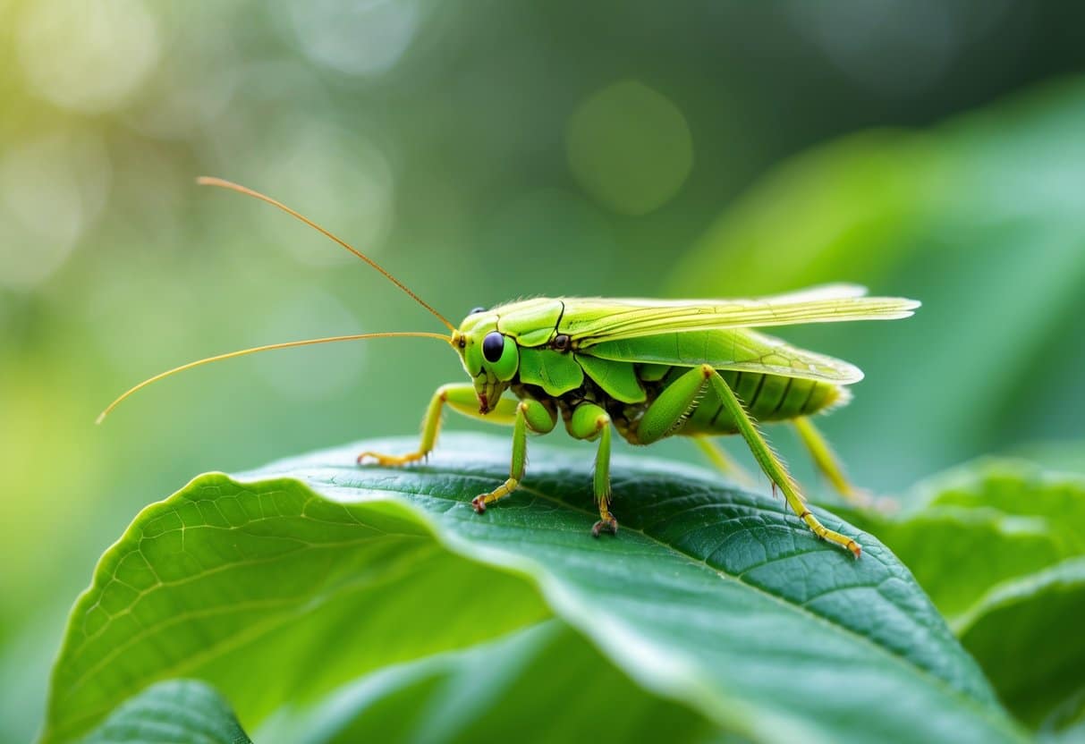 Um grilo verde em cima de uma folha verde em um ambiente natural ao ar livre.