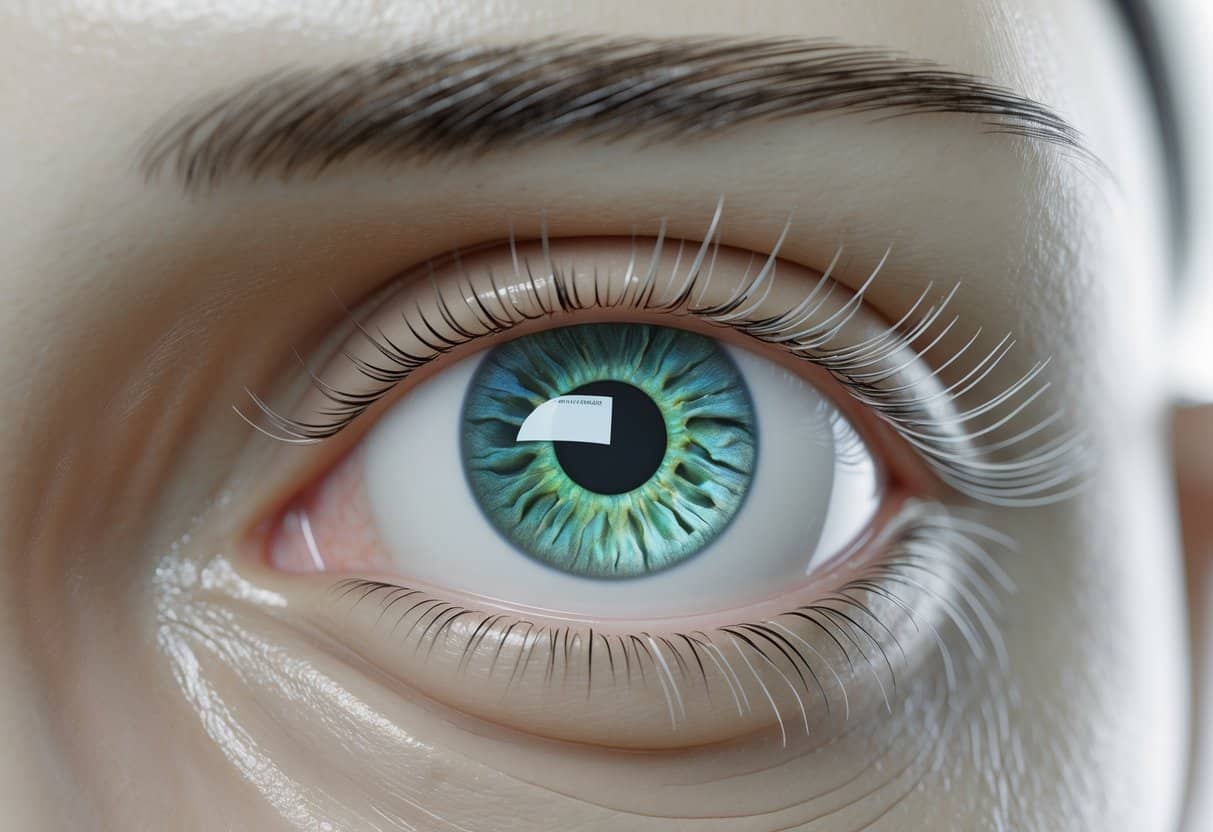 Imagem detalhada de um olho humano com íris colorida, cílios e pele ao redor, mostrando sua estrutura complexa.