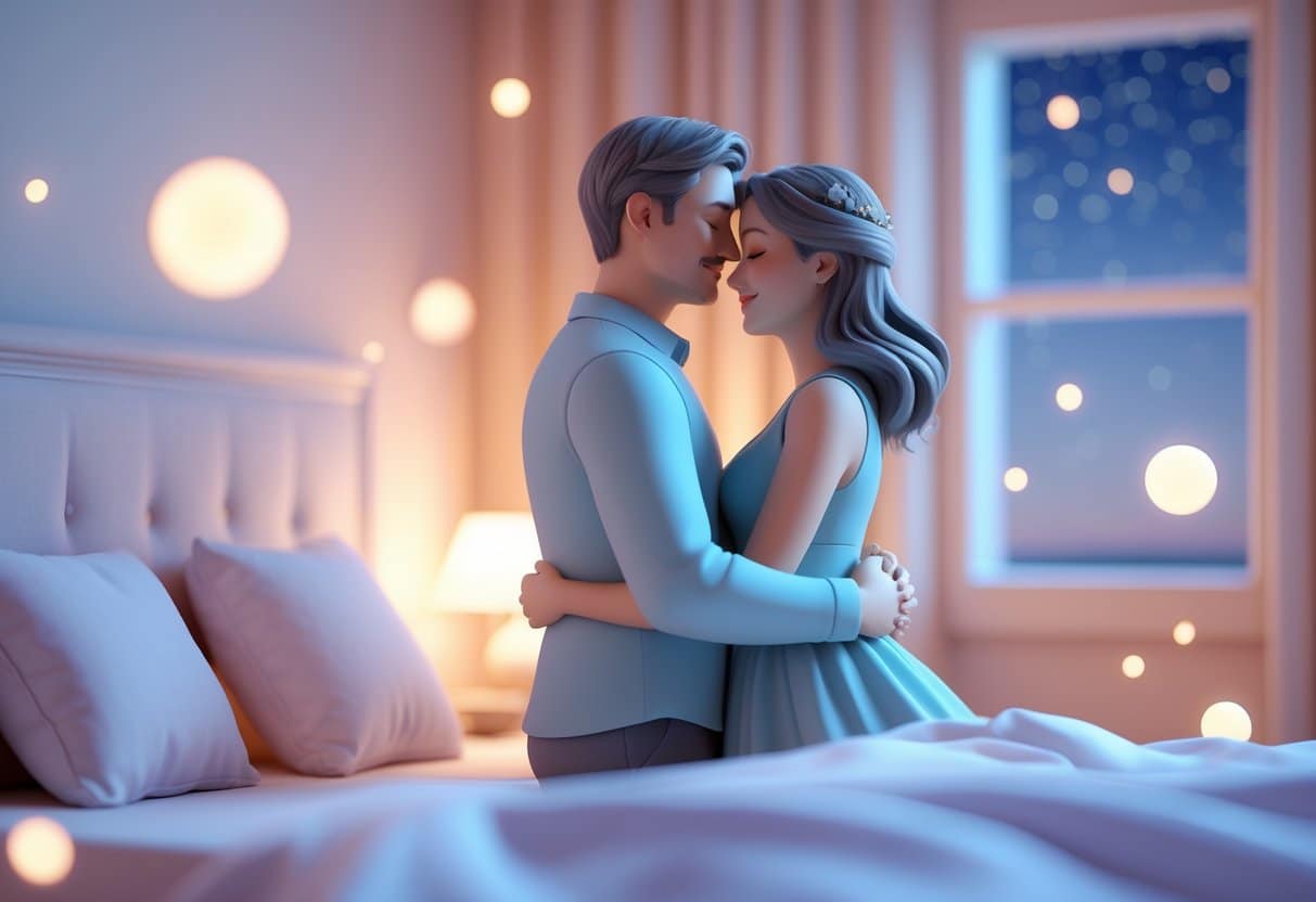 Casal abraçado em um quarto tranquilo com luz suave, transmitindo amor e paz.