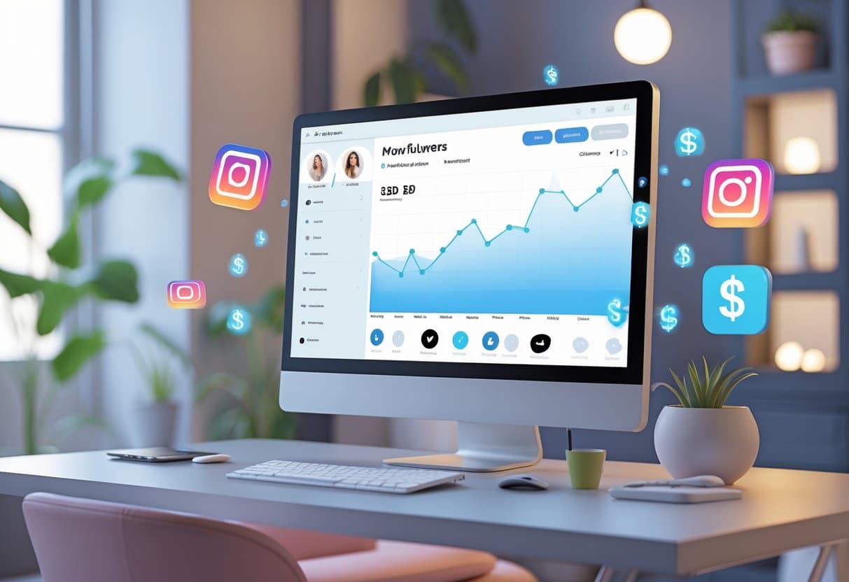 Uma mesa moderna com computador mostrando gráficos de seguidores e ícones digitais de seguidores e dinheiro flutuando ao redor.