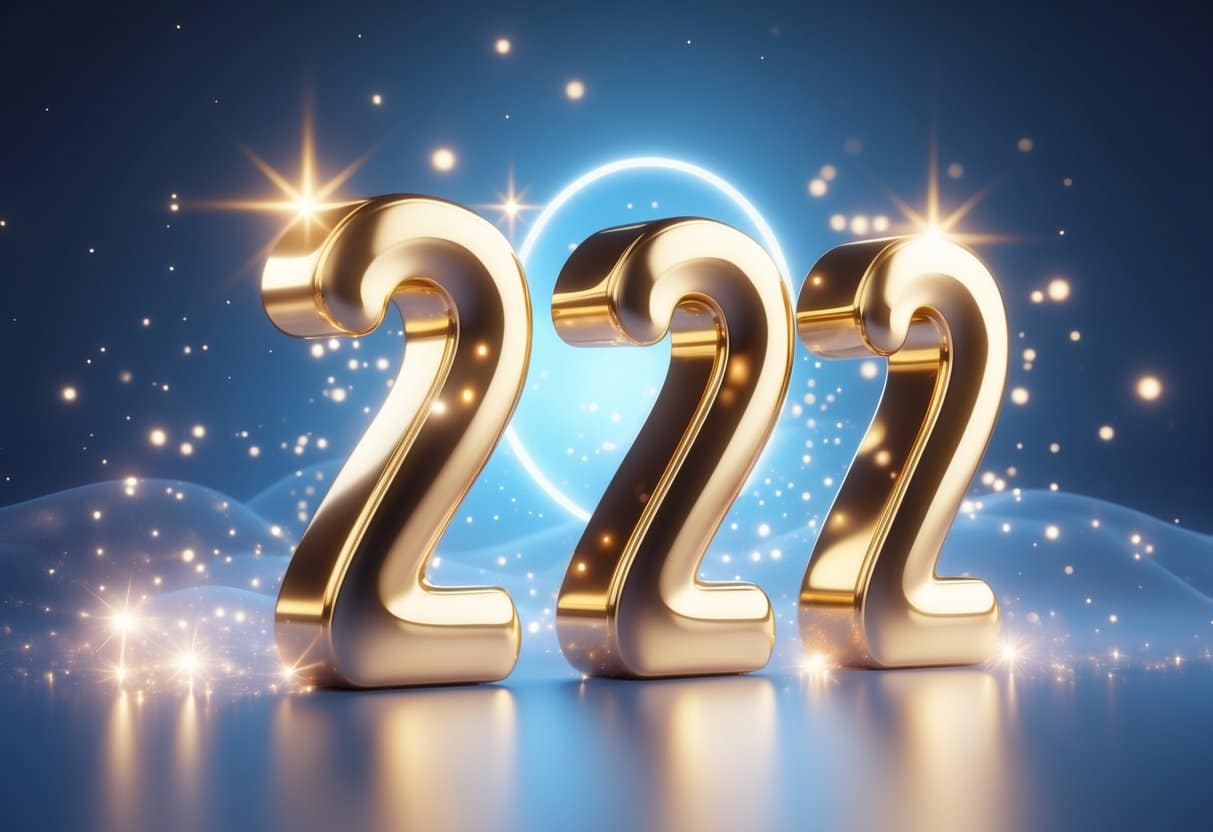 Números 777 dourados brilhando no centro de um fundo azul com partículas de luz ao redor.