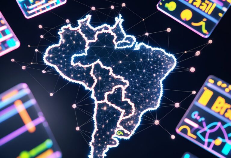 Mapa do Brasil em 3D com pontos brilhantes representando sobrenomes raros, cercado por painéis holográficos com símbolos culturais brasileiros.