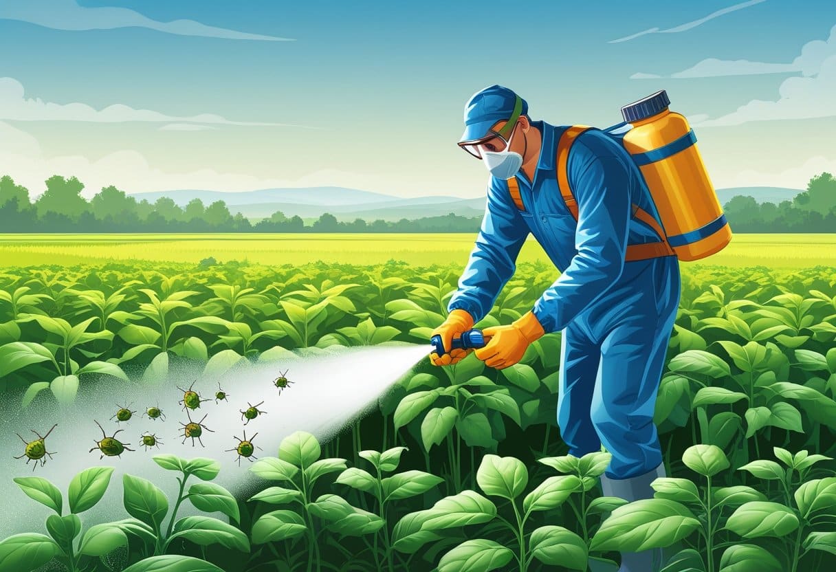 Um agricultor usando equipamento de proteção aplicando pesticida em uma plantação verde com insetos visíveis nas plantas.