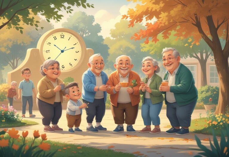 Grupo de pessoas com nanismo de diferentes idades em um parque, mostrando várias fases da vida.