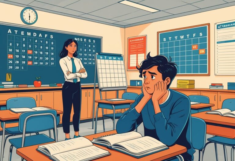 Sala de aula com um professor perto do quadro e um aluno preocupado sentado à mesa, mostrando a ideia de reprovação por faltas.
