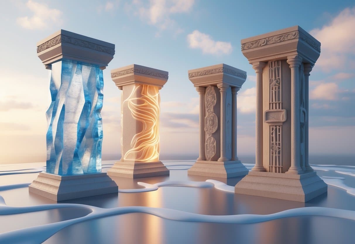 Quatro pilares grandes e distintos representando os fundamentos de um relacionamento, conectados por arcos suaves sobre uma superfície reflexiva, com um céu tranquilo ao fundo.