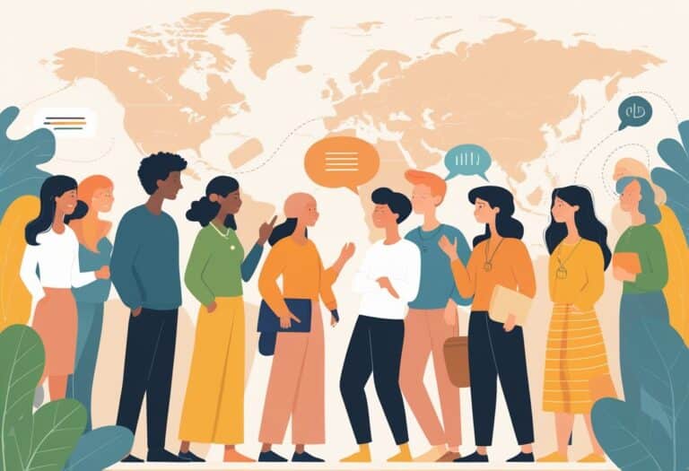 Um grupo diverso de pessoas conversando em círculo com um mapa-múndi ao fundo, representando comunicação global.