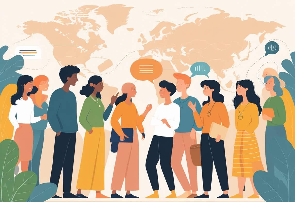 Um grupo diverso de pessoas conversando em círculo com um mapa-múndi ao fundo, representando comunicação global.
