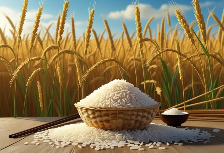 Campo de arroz dourado com um cesto cheio de grãos de arroz branco em primeiro plano, mostrando a colheita abundante do alimento mais consumido no mundo.