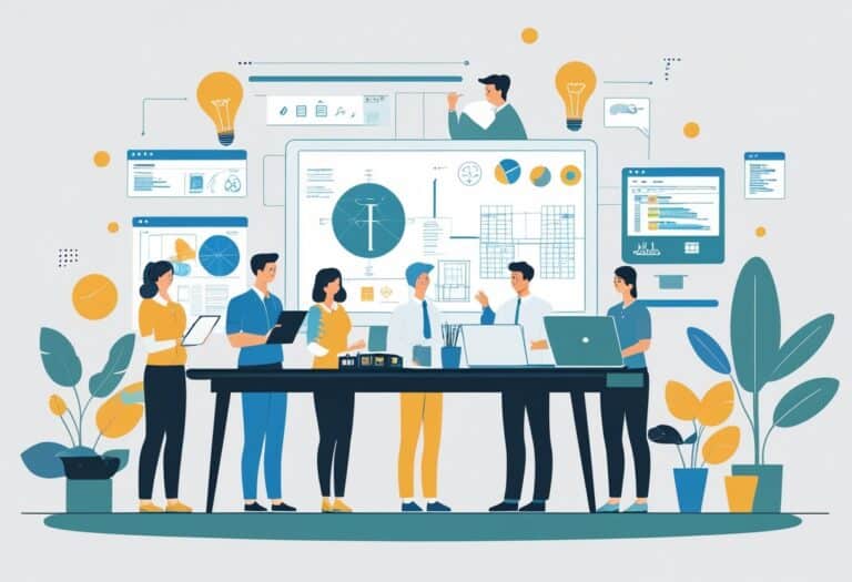 Grupo de pessoas trabalhando em profissões que começam com a letra I, incluindo ilustrador, engenheiro industrial, intérprete e especialista em TI em um ambiente de trabalho moderno.