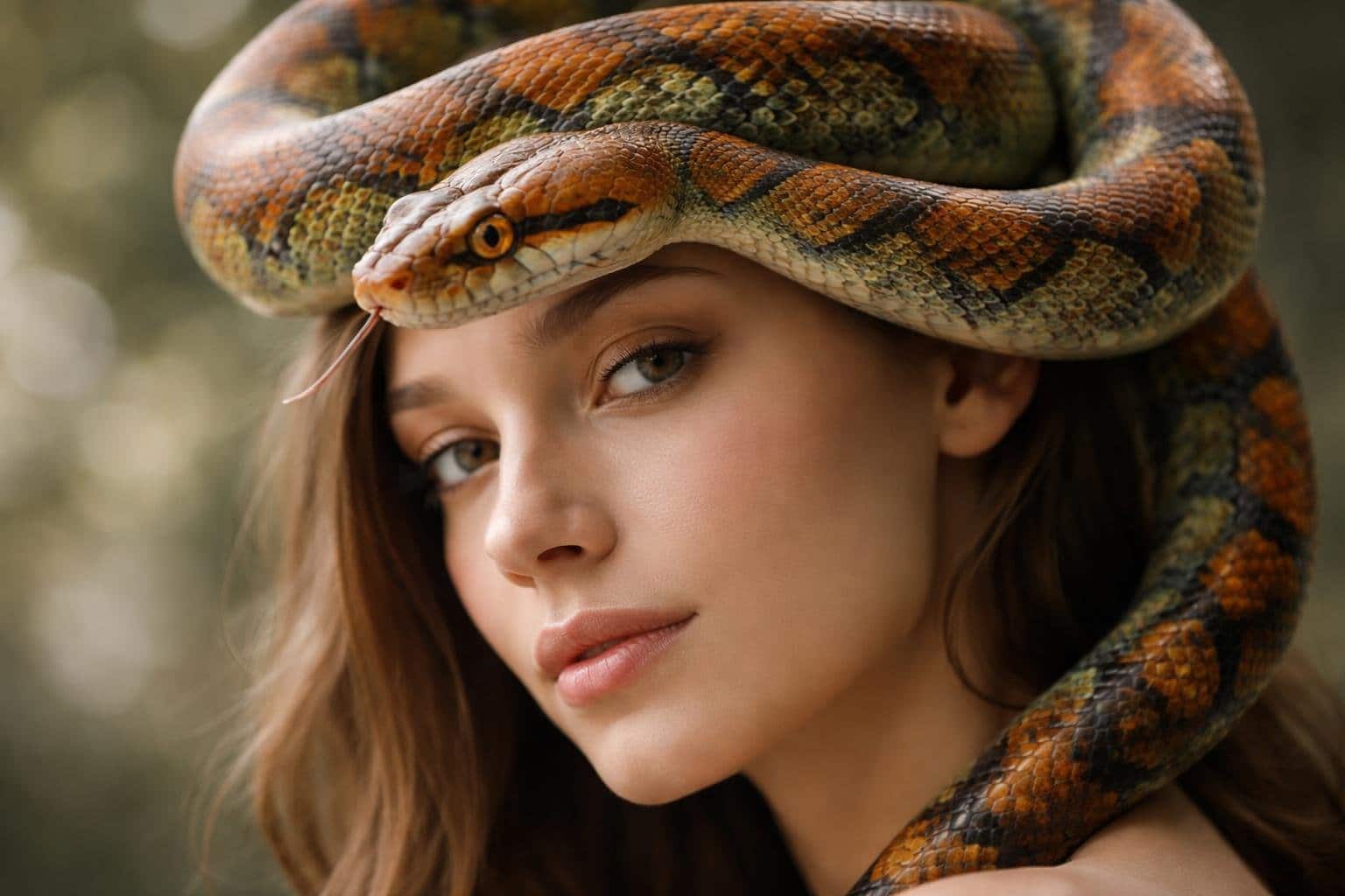 Pessoa com uma cobra enrolada suavemente na cabeça, em um ambiente neutro e tranquilo.