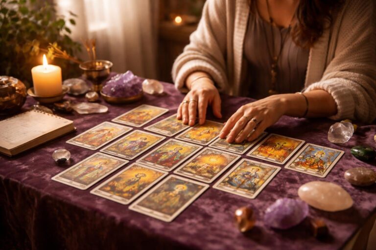 Pessoa sentada à mesa com cartas de tarô espalhadas, tocando uma carta enquanto observa atentamente, em um ambiente tranquilo com luz suave.