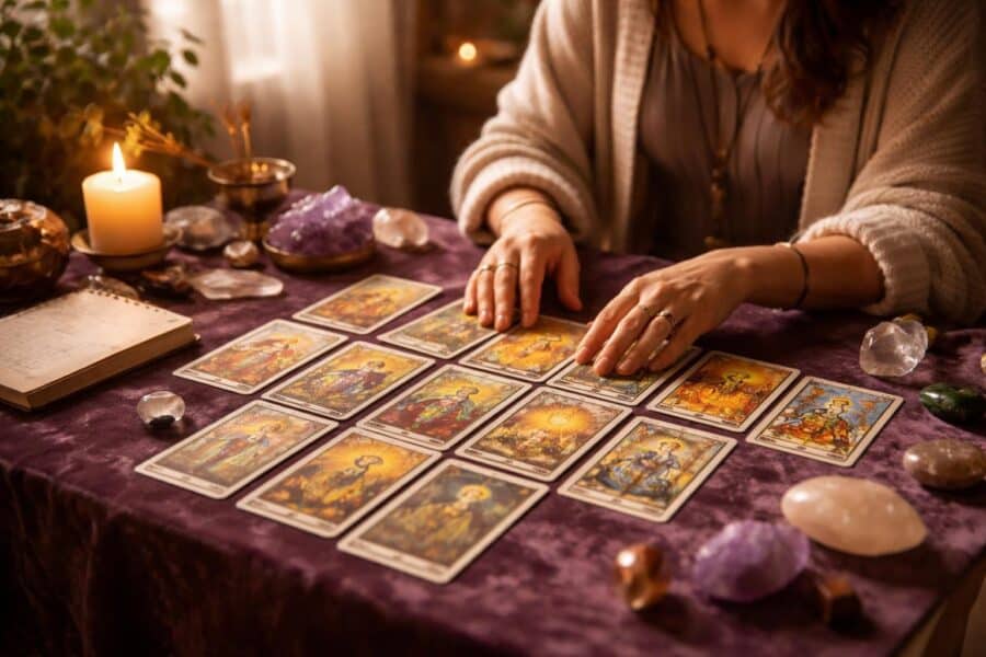 Pessoa sentada à mesa com cartas de tarô espalhadas, tocando uma carta enquanto observa atentamente, em um ambiente tranquilo com luz suave.