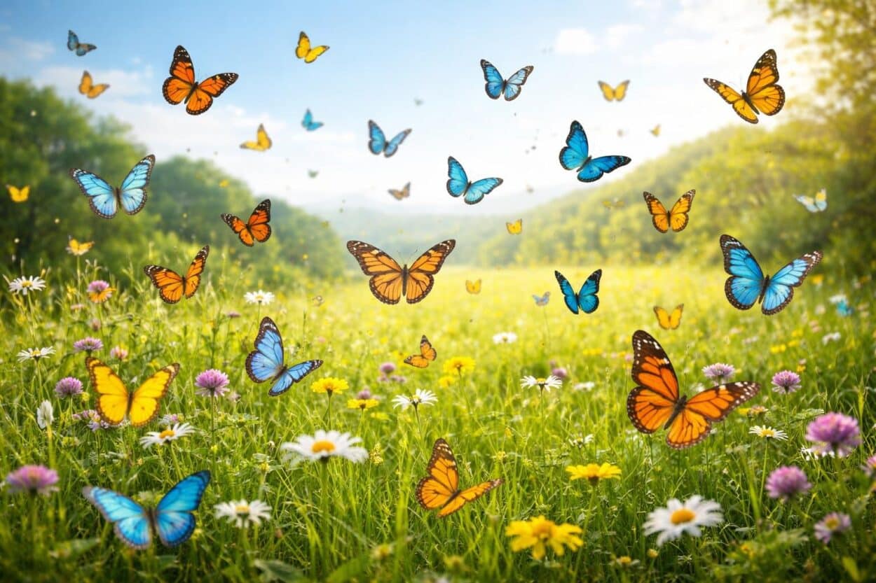 Uma grande quantidade de borboletas coloridas voando sobre um campo verde com flores e grama alta sob um céu azul claro.