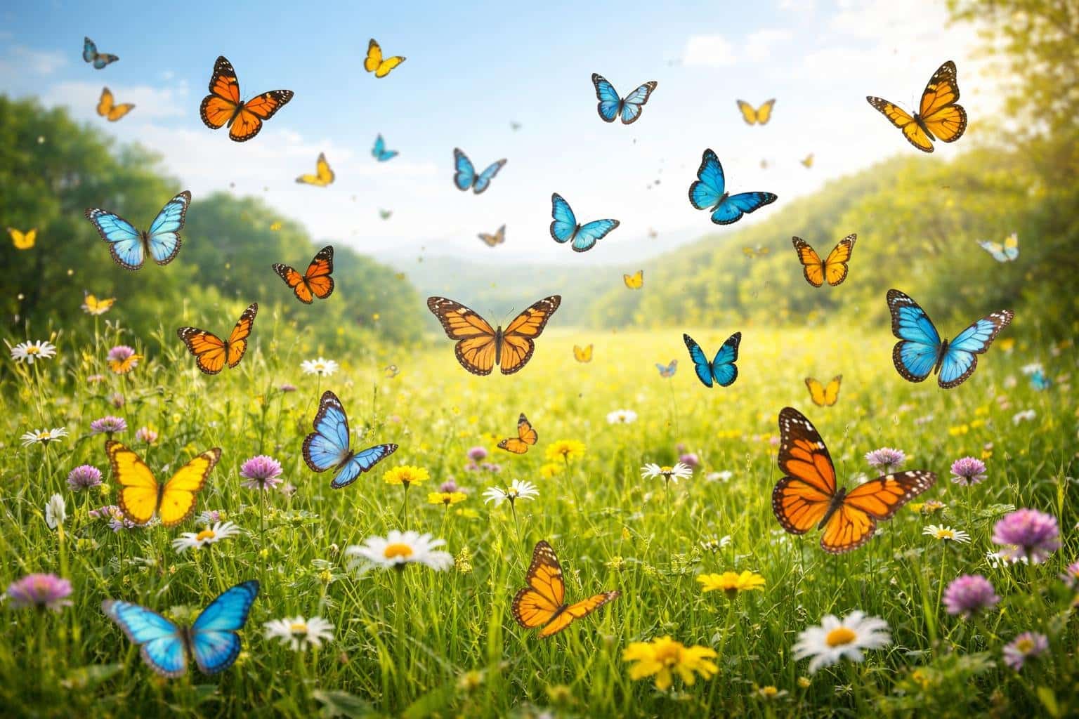 Uma grande quantidade de borboletas coloridas voando sobre um campo verde com flores e grama alta sob um céu azul claro.