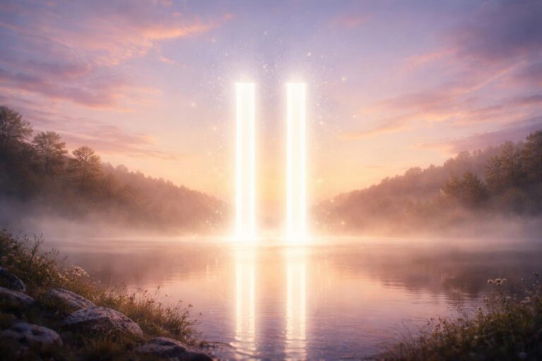 Dois pilares de luz lado a lado em uma paisagem natural tranquila com céu ao amanhecer e água refletindo a luz.