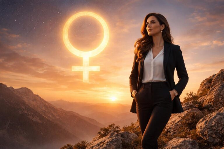 Mulher elegante em roupa de trabalho em um pico rochoso ao pôr do sol, com um símbolo de Vênus brilhando no céu ao fundo.