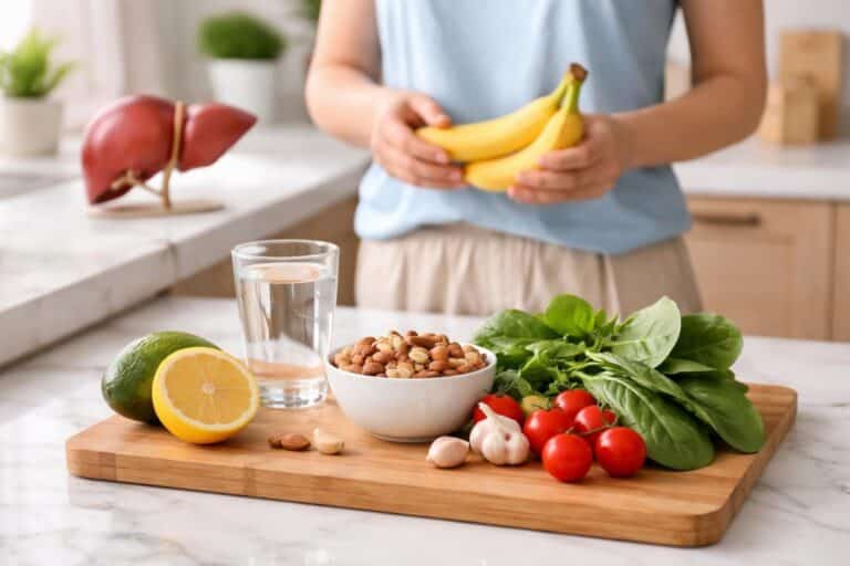 Uma cozinha clara com uma tábua de cortar contendo bananas, nozes e folhas verdes, com uma pessoa segurando uma banana e um modelo de fígado ao fundo.