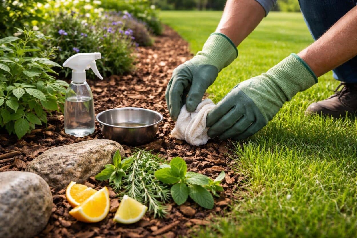 Pessoa colocando repelentes naturais ao redor de um jardim para espantar gambás.
