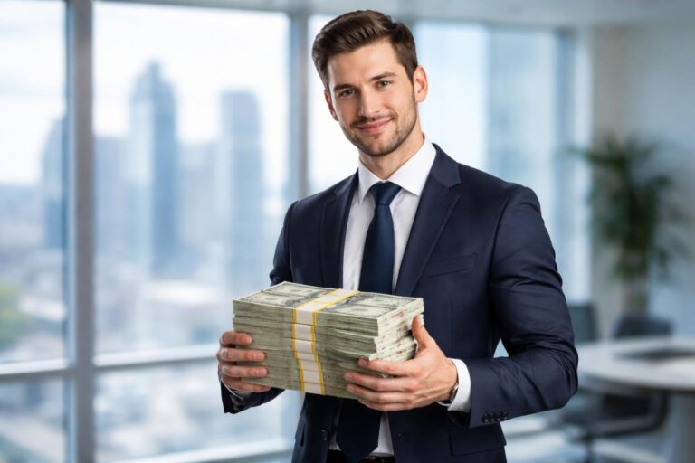 Homem de terno elegante segurando dinheiro em um escritório moderno com vista para a cidade.