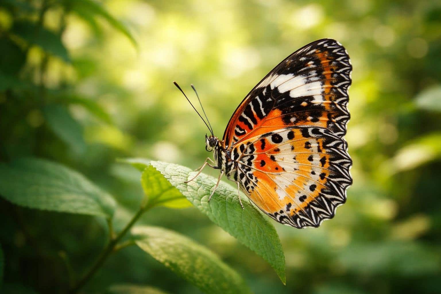 Uma borboleta colorida pousada em uma folha verde, com fundo desfocado de vegetação.
