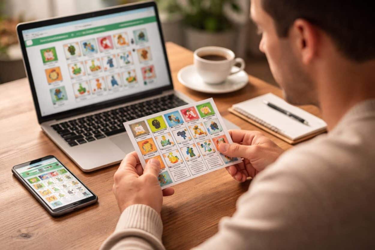 Pessoa olhando atentamente para um bilhete colorido de jogo do bicho em uma mesa com laptop e celular ao lado.