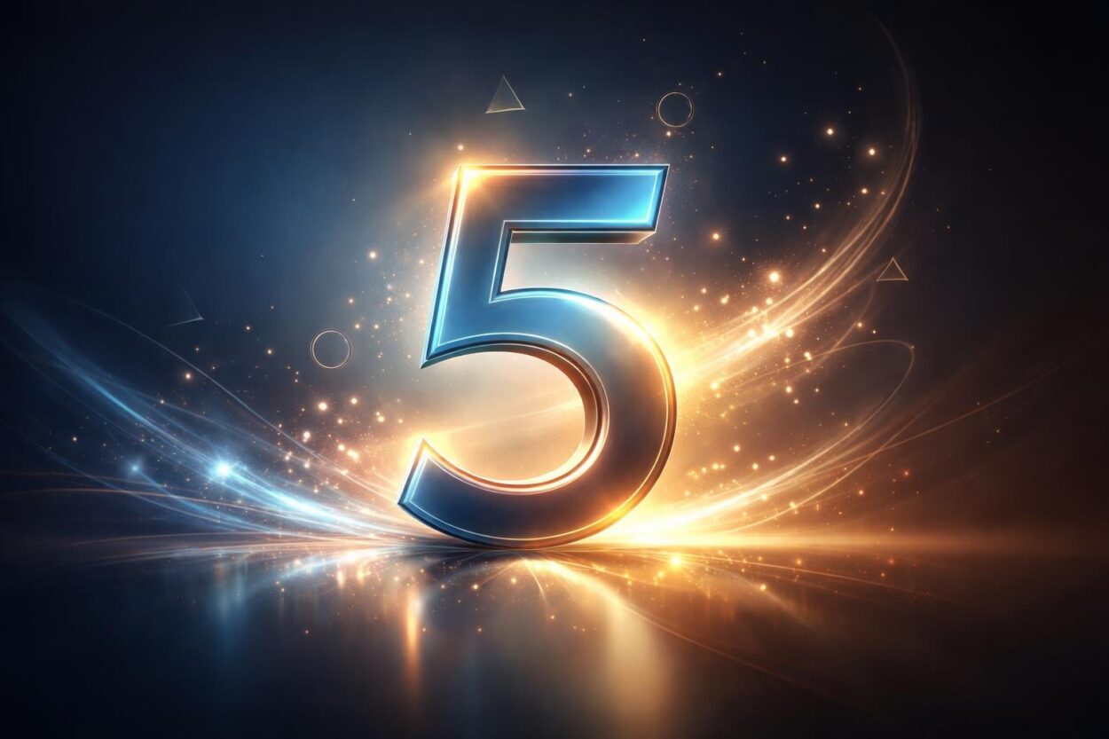 Número 5 em destaque com luzes suaves e elementos abstratos ao fundo simbolizando energia e transformação.