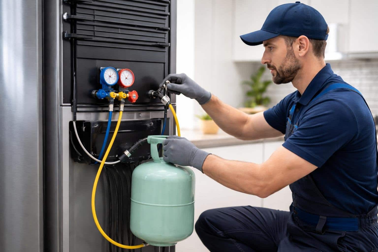 Técnico consertando uma geladeira moderna em uma cozinha clara e organizada.