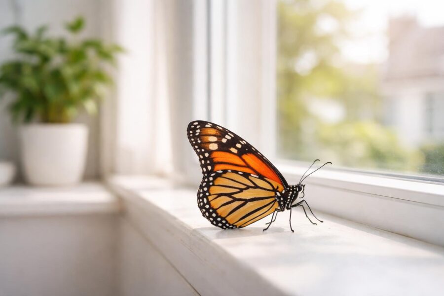 Uma borboleta colorida pousada no peitoril de uma janela dentro de uma casa iluminada pela luz natural.