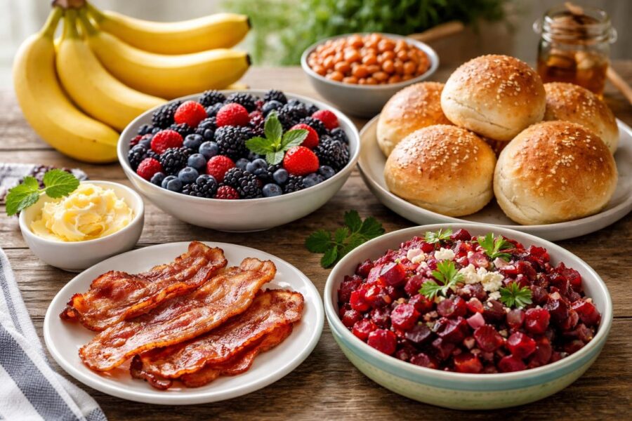 Mesa de madeira com uma variedade de alimentos que começam com a letra B, incluindo bananas, frutas vermelhas, pães, manteiga, salada de beterraba e bacon grelhado.