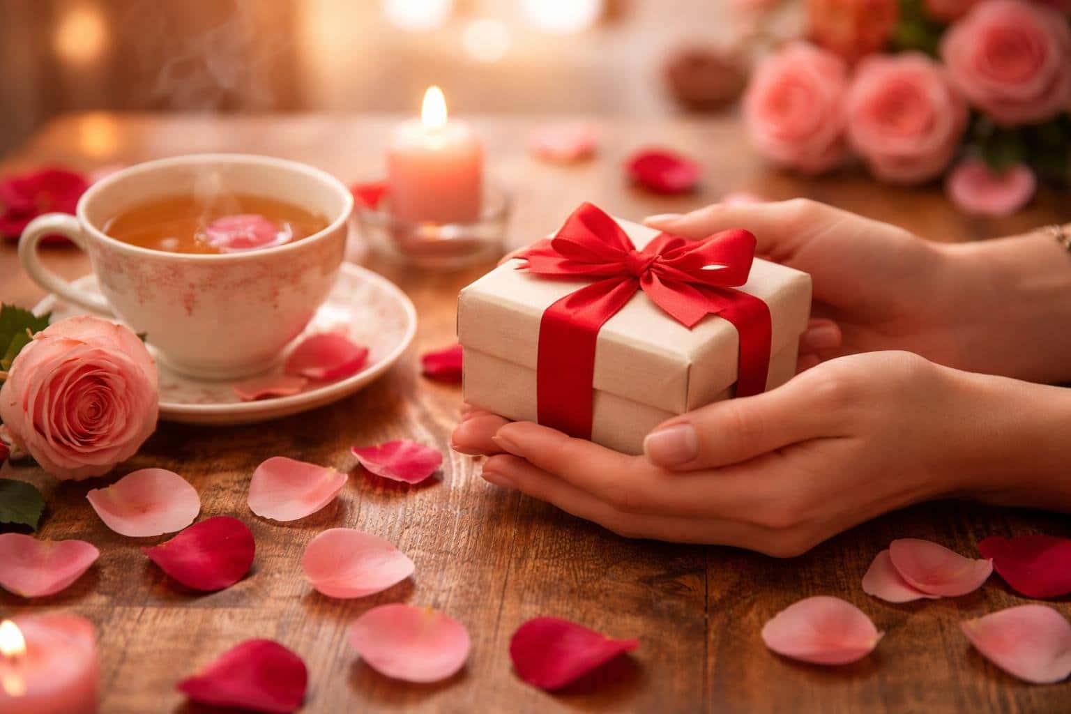 Duas mãos segurando uma pequena caixa de presente com fita vermelha, sobre uma mesa com pétalas de rosa e uma xícara de chá ao fundo.
