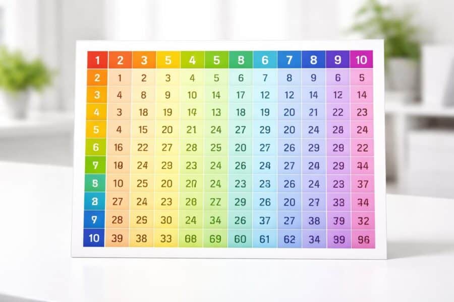 Tabela pitagórica colorida e organizada em uma mesa branca, mostrando os produtos das multiplicações de 1 a 10.