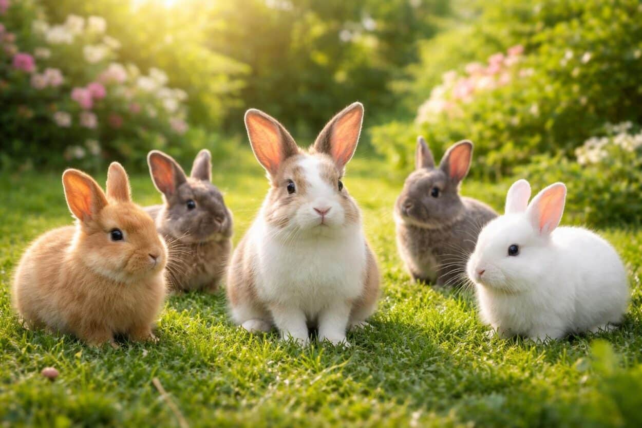 Vários coelhos fofos em um jardim verde e ensolarado, cercados por flores e arbustos.
