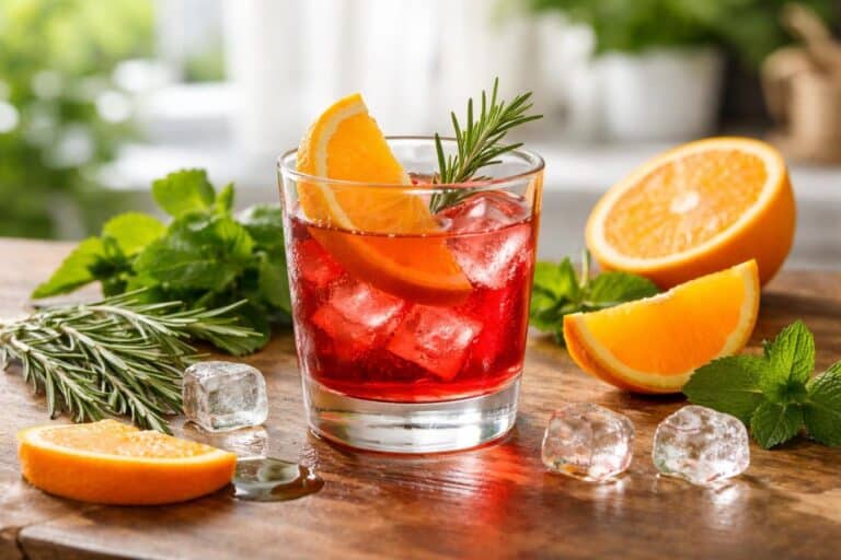 Copo de Campari com fatia de laranja e ramo de alecrim sobre mesa de madeira, com ingredientes frescos ao redor.