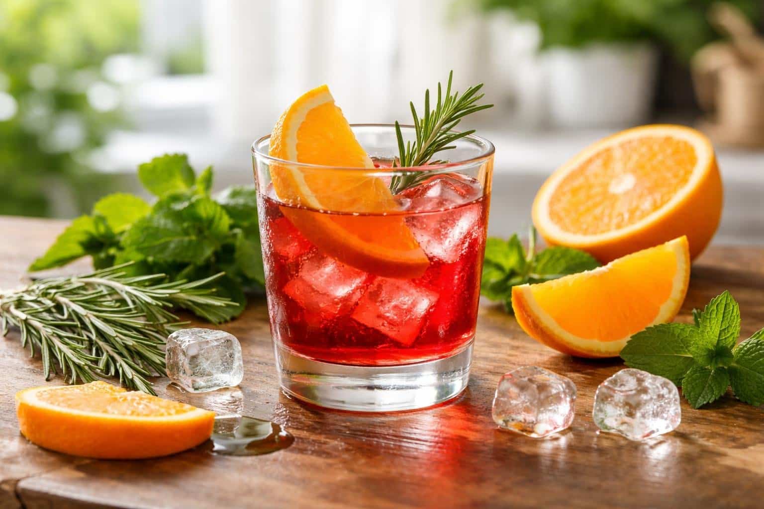 Copo de Campari com fatia de laranja e ramo de alecrim sobre mesa de madeira, com ingredientes frescos ao redor.