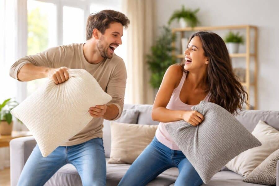 Um casal feliz brincando e se divertindo juntos em uma sala de estar aconchegante.