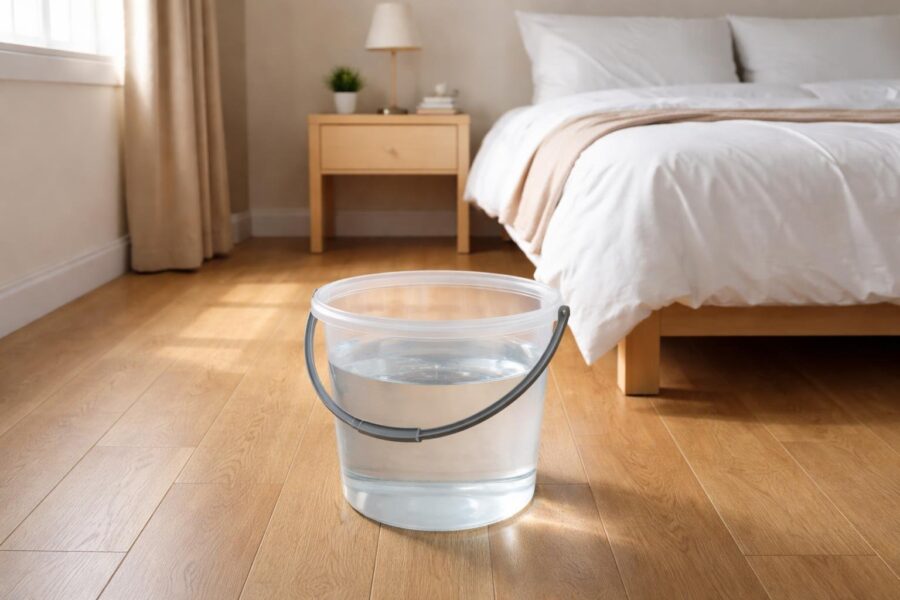 Quarto arrumado com um balde transparente cheio de água no chão próximo à cama.
