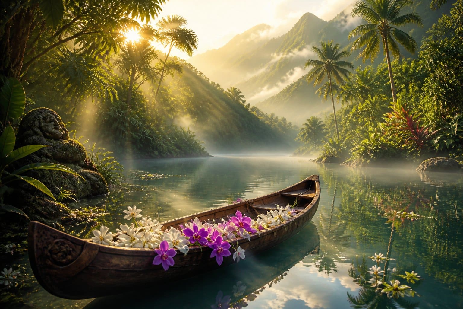 Uma canoa de madeira flutua calmamente em um lago cercado por vegetação tropical verde, com luz suave do sol iluminando a cena e névoa leve sobre a água.
