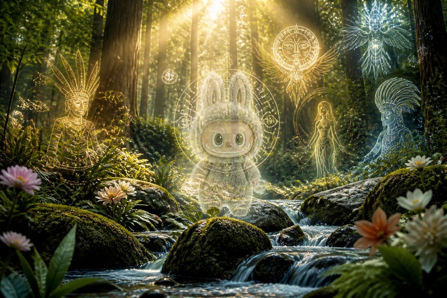 Figura espiritual etérea em uma floresta antiga com símbolos místicos ao redor, transmitindo uma conexão espiritual profunda.